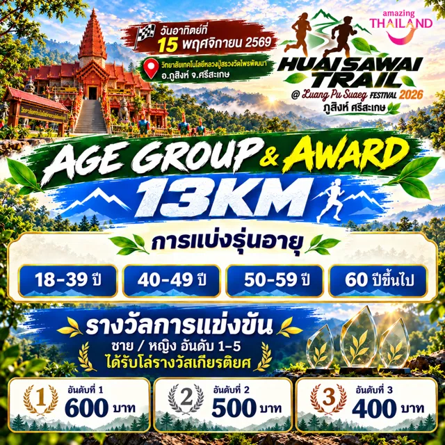 รุ่นอายุ & รางวัล 13K — HUAI SAWAI TRAIL @ LUANG PU SUAEG FESTIVAL 2026