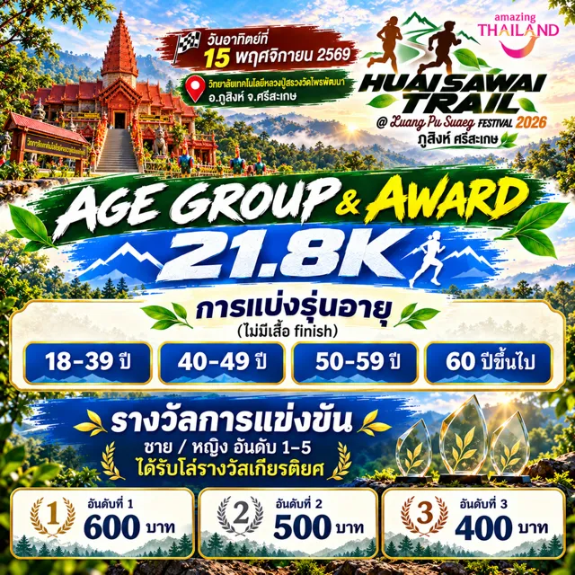 รุ่นอายุ & รางวัล 21.8K — HUAI SAWAI TRAIL @ LUANG PU SUAEG FESTIVAL 2026