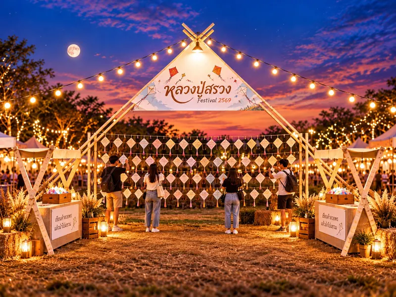 ภาพจำลองซุ้มทางเข้าหลวงปู่สรวง Festival 2569 และกำแพงว่าวเขียนคำอวยพร