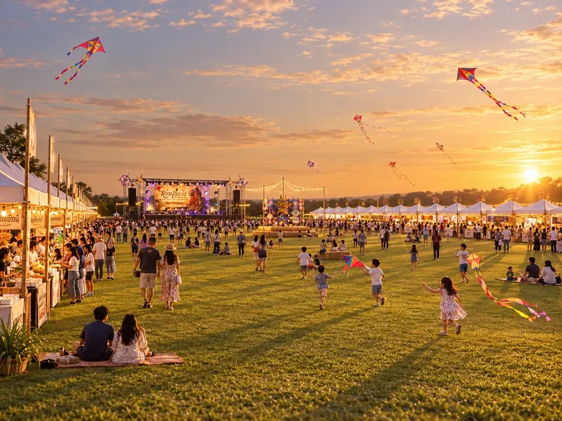 ภาพจำลองบรรยากาศลานงานยามเย็น เวทีคอนเสิร์ต ร้านค้า และการเล่นว่าว